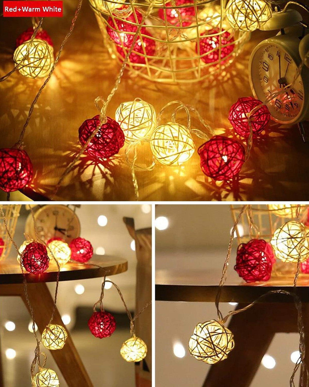 1 Set of Red and White5cm Rattan Cane 20 Ball Battery Powered 3m