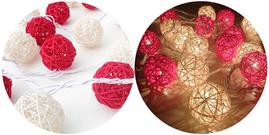 1 Set of Red and White5cm Rattan Cane 20 Ball Battery Powered 3m