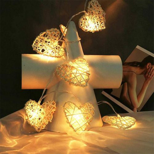50 White 3D Hollowed Rattan Heart-Shaped 5M LONG String Fairy Lights