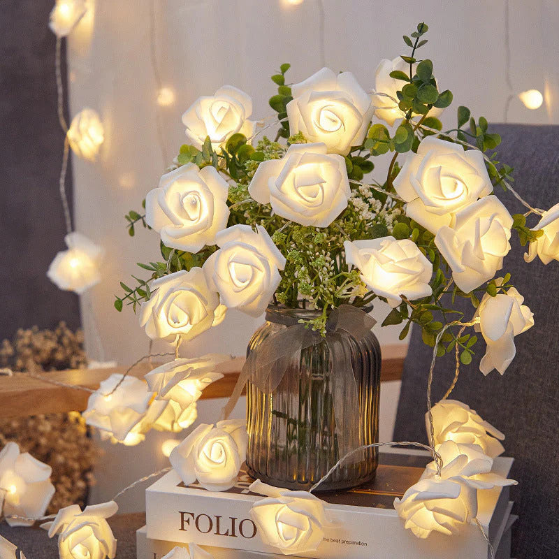 50 White Rose 3D Fairy Lights 5M LONG String, Battery (AA) Indoor