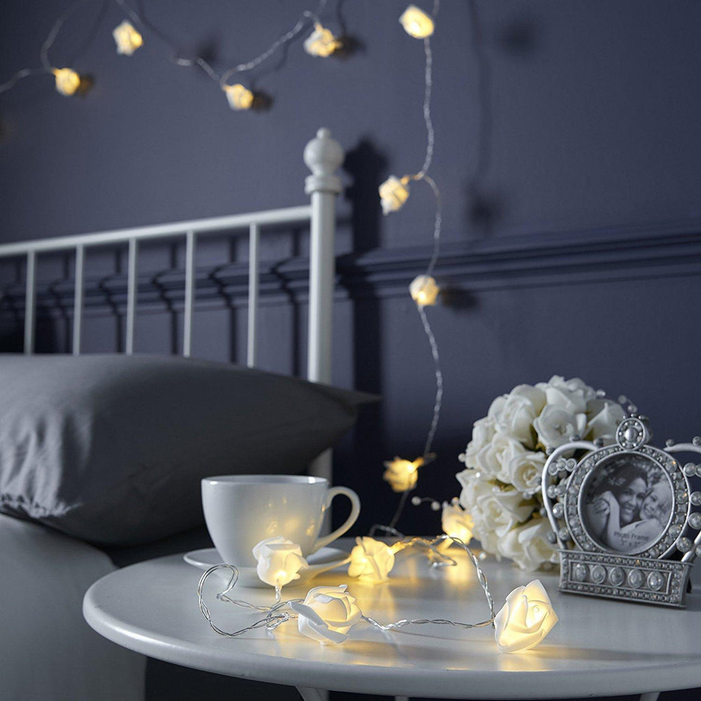 50 White Rose 3D Fairy Lights 5M LONG String, Battery (AA) Indoor