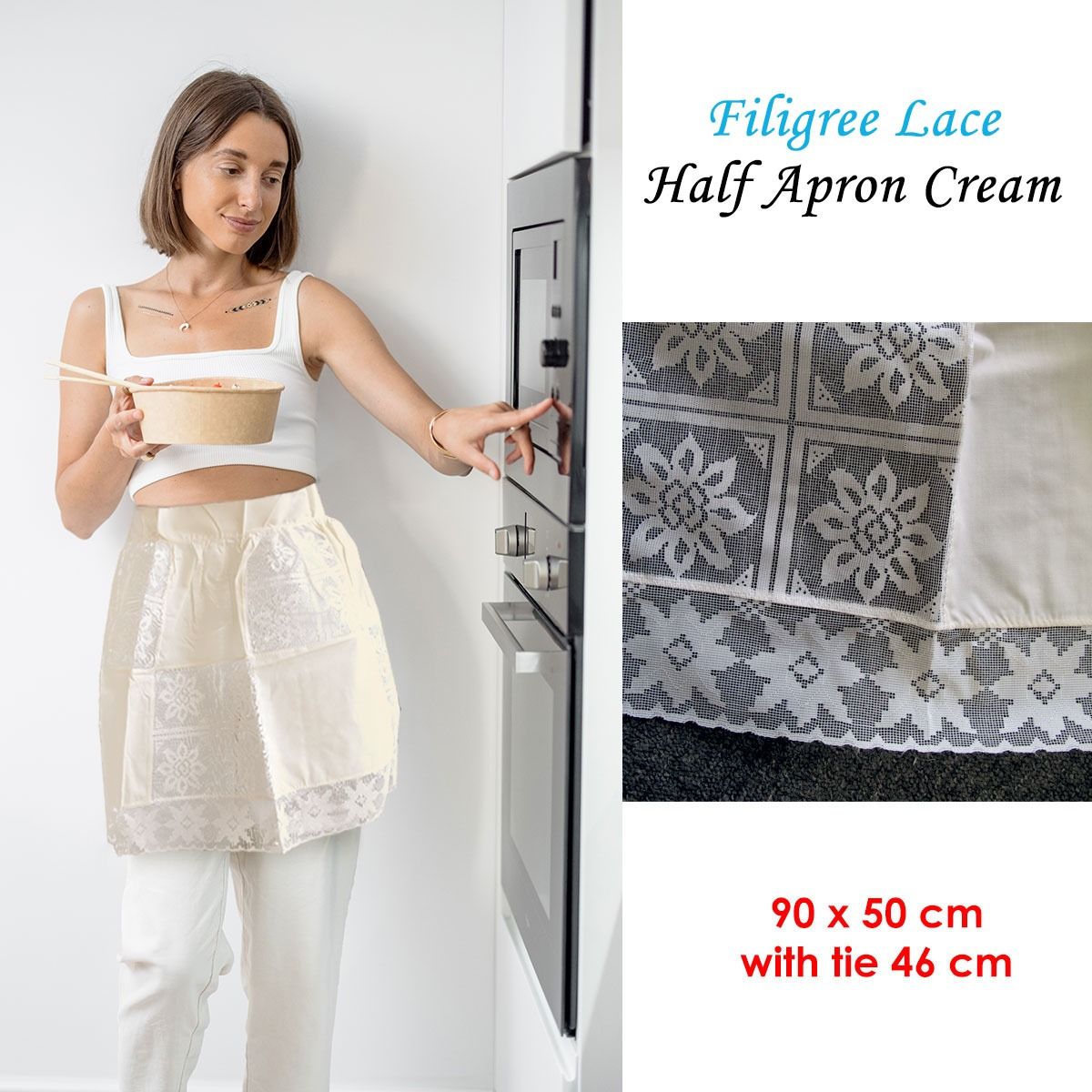 Filigree Lace Half Apron, Cream, 90 x 50 cm