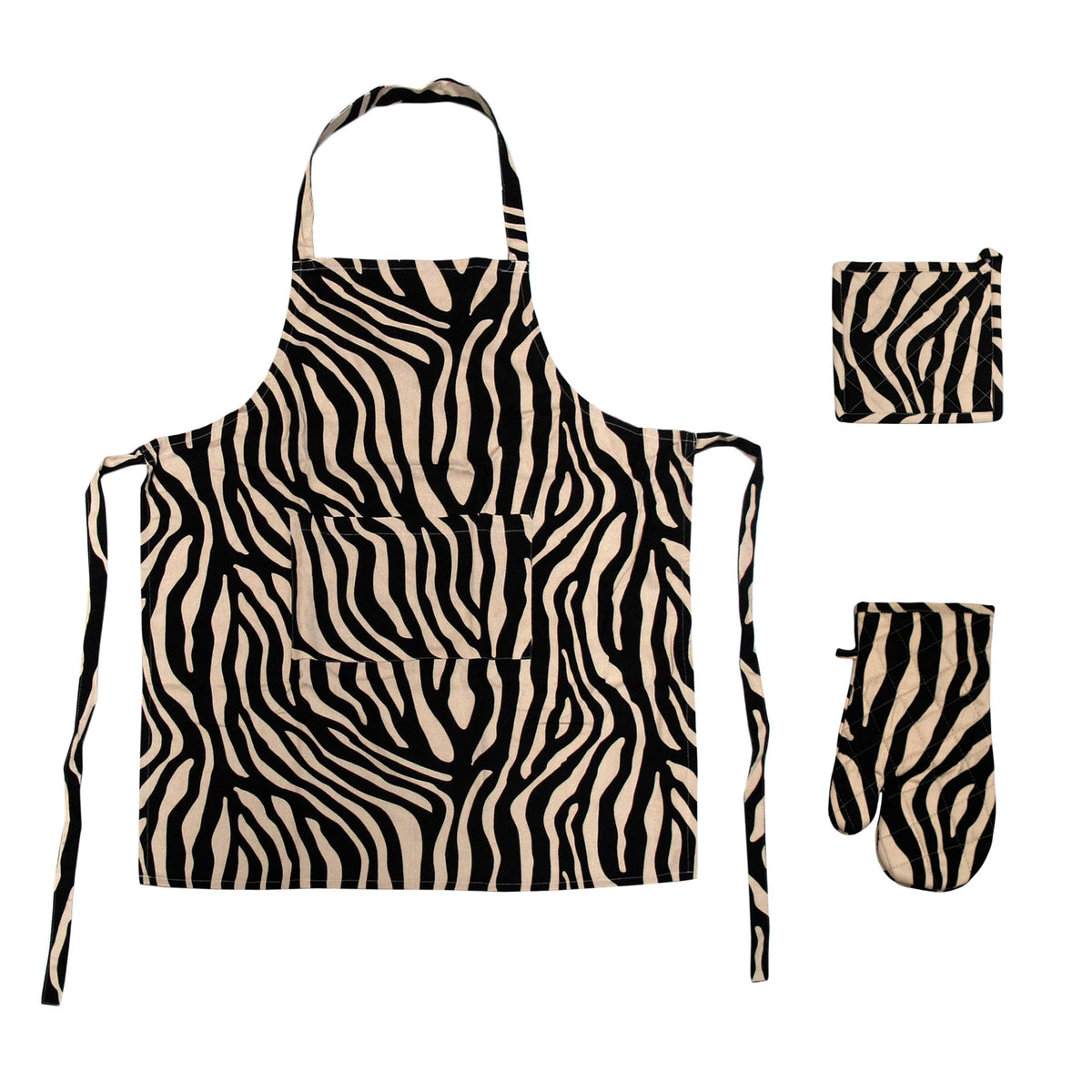 Zebra Stripe Cotton Kitchen Set of 3, Apron, Glove and Pot Holder