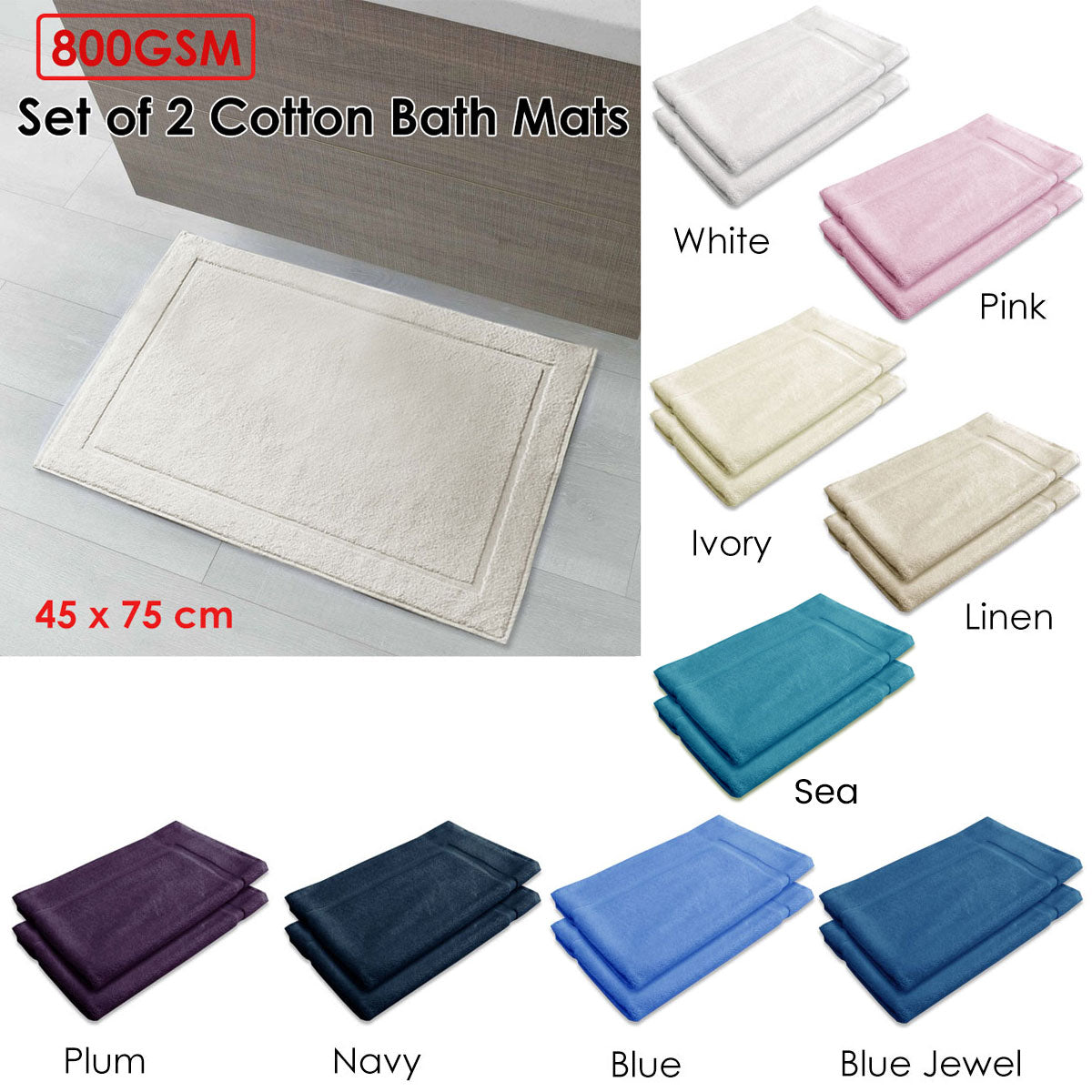 800 GSM Cotton Bath Mats, Set of 2, 45 x 75 cm