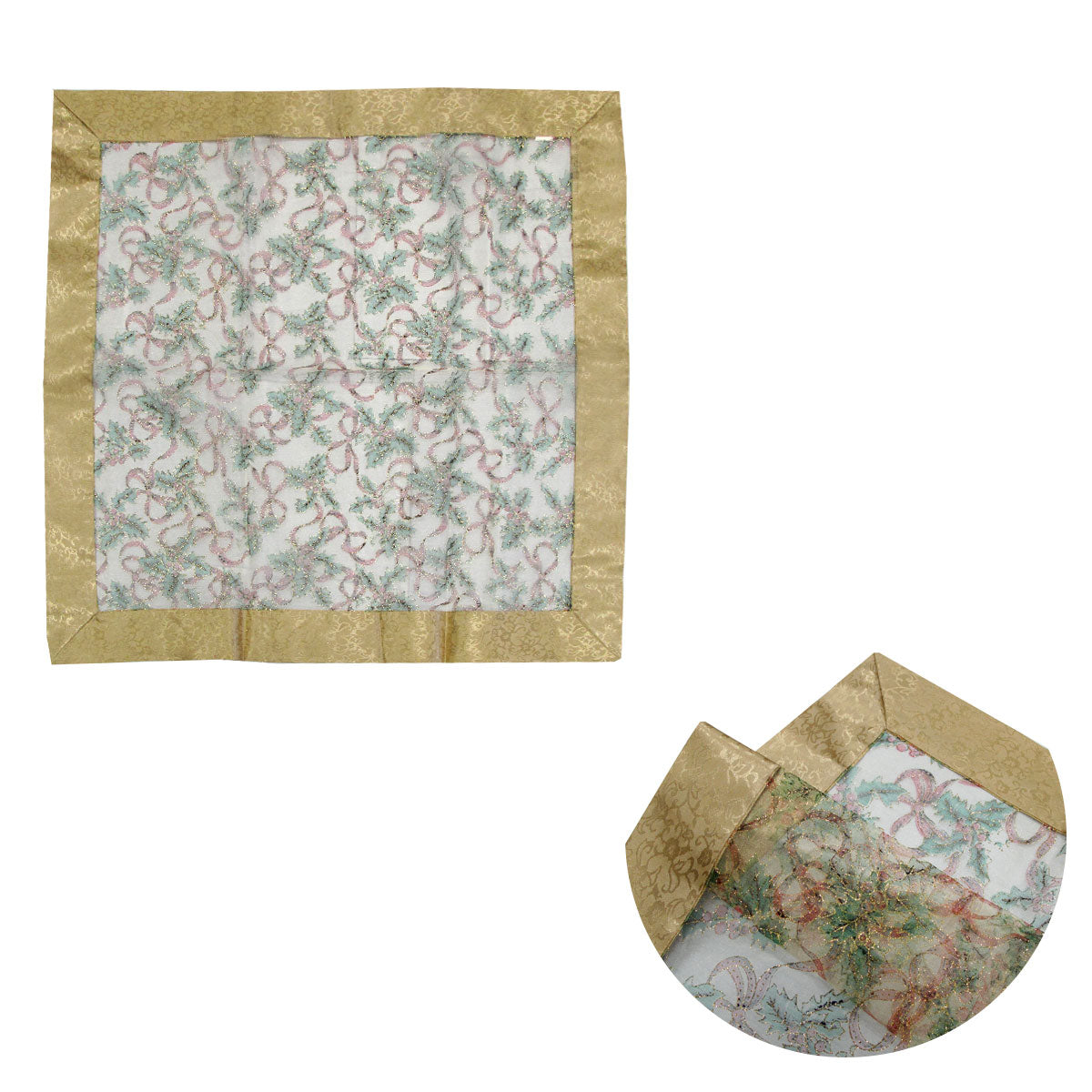 Christmas Gold Bows Sheer Organza Glitter Table Cloth Topper 90