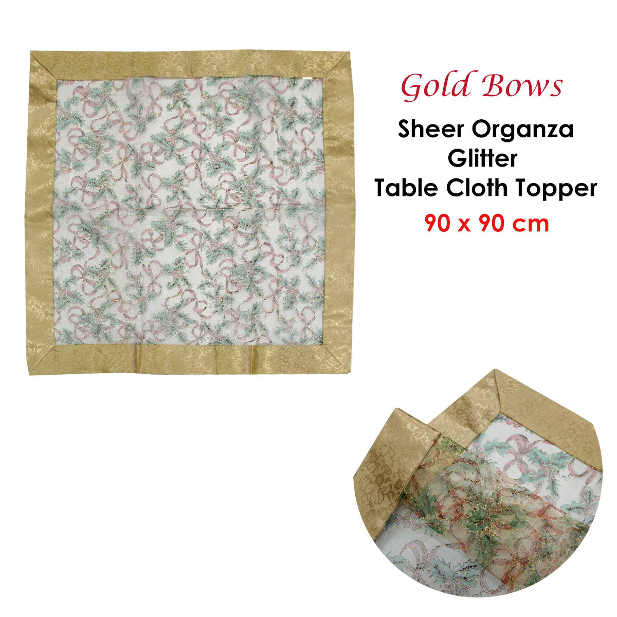 Christmas Gold Bows Sheer Organza Glitter Table Cloth Topper 90