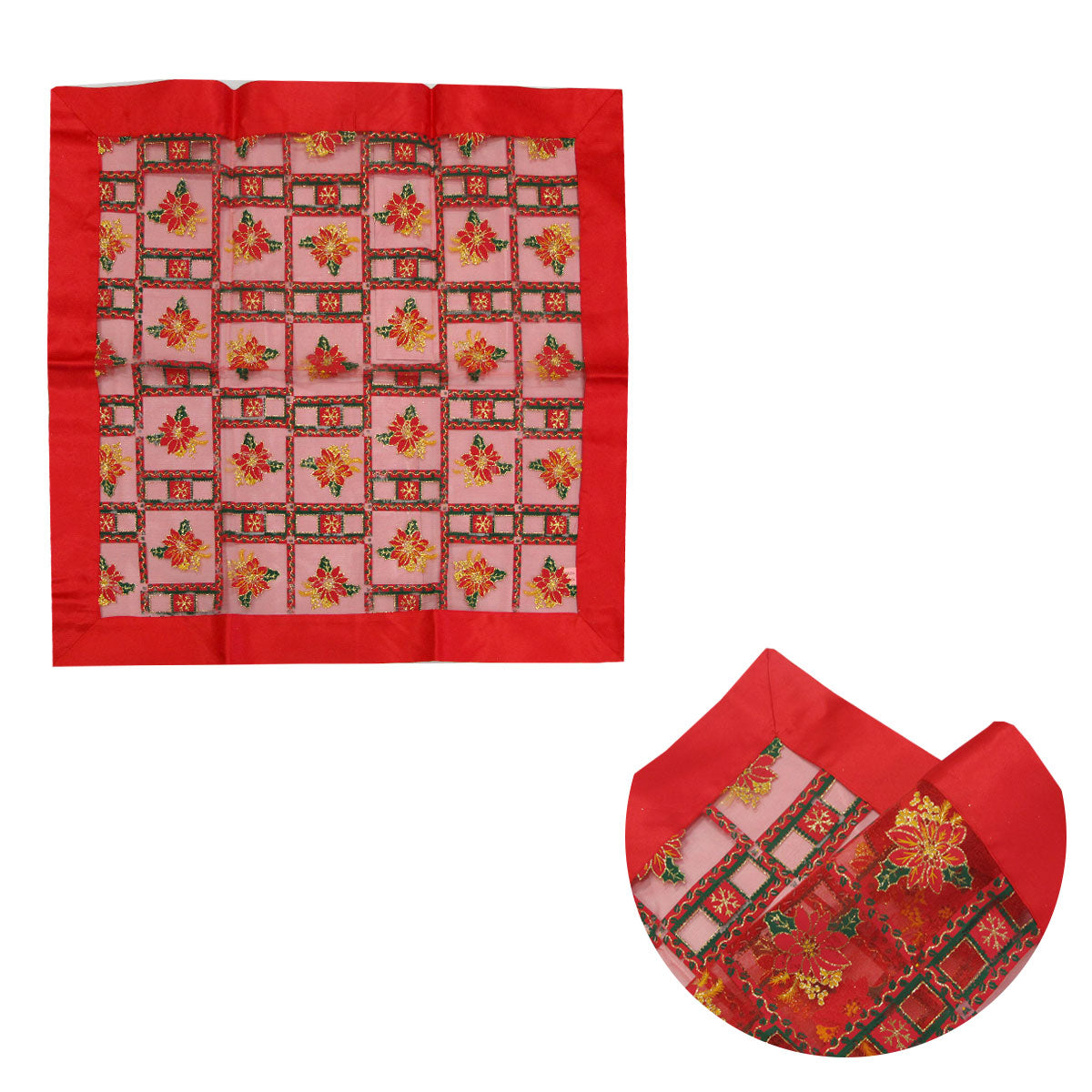 Christmas Red Festival Floral Sheer Organza Glitter Table Cloth
