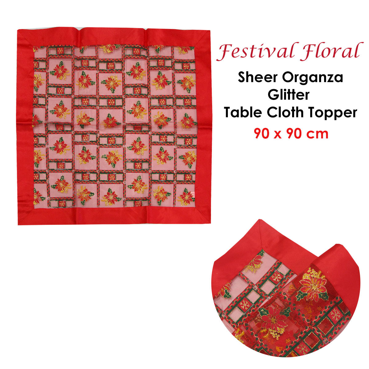 Christmas Red Festival Floral Sheer Organza Glitter Table Cloth
