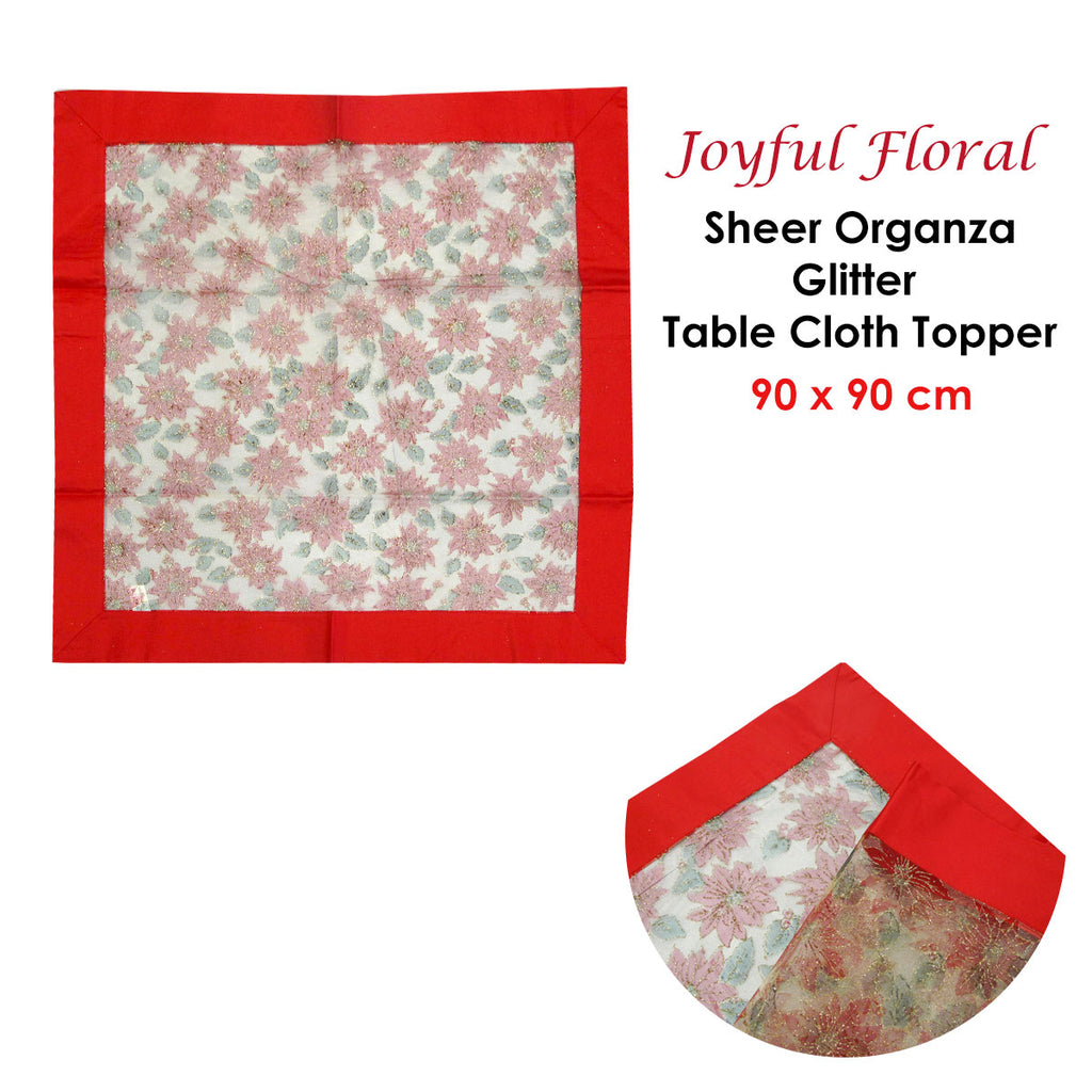Christmas Red Joyful Floral Sheer Organza Glitter Table Cloth