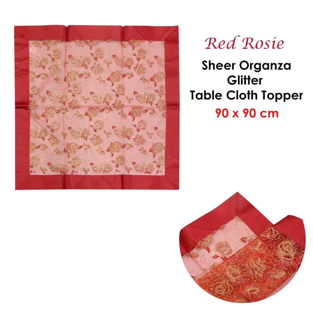 Christmas Red Rosie Sheer Organza Glitter Table Cloth Topper 90