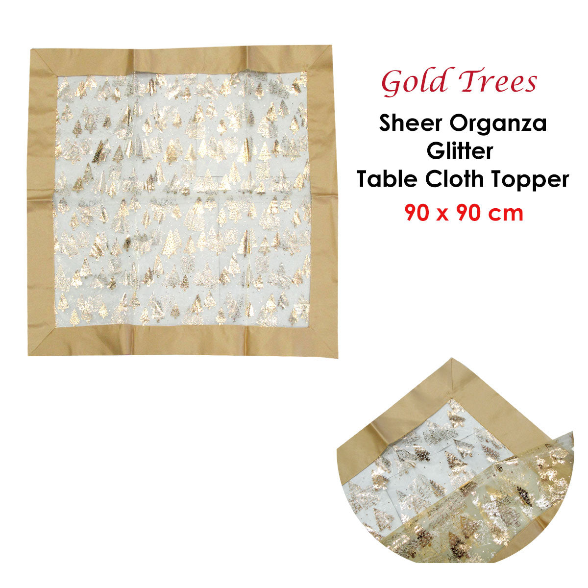 Christmas Gold Trees Sheer Organza Glitter Table Cloth Topper 90