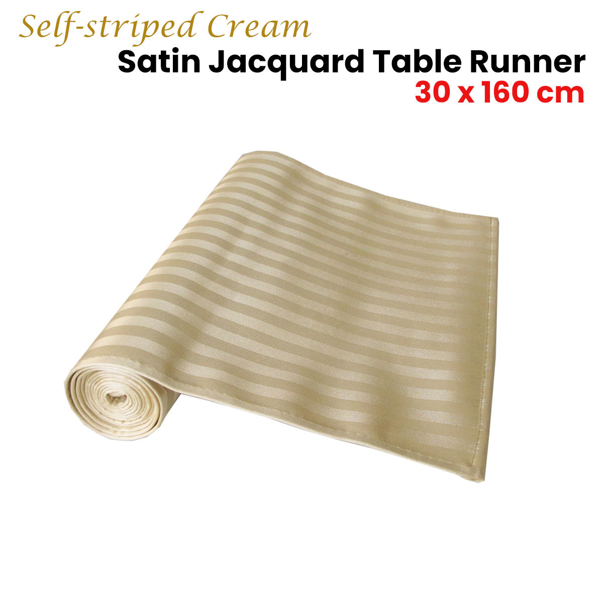 Self-Striped Cream Satin Jacquard Table Runner, 30 x 160 cm