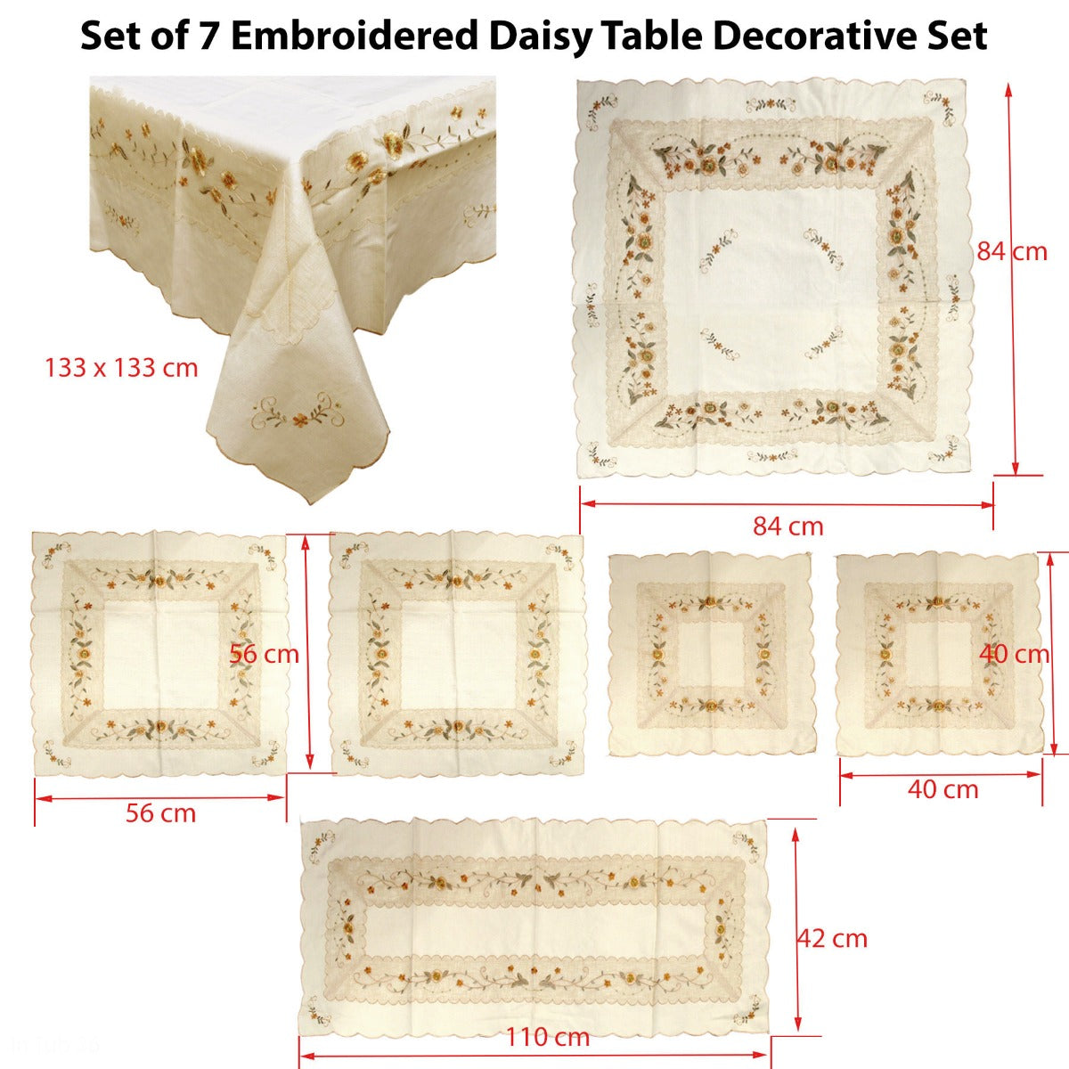 Embroidered Daisy Table Linen Set, 7 Pieces
