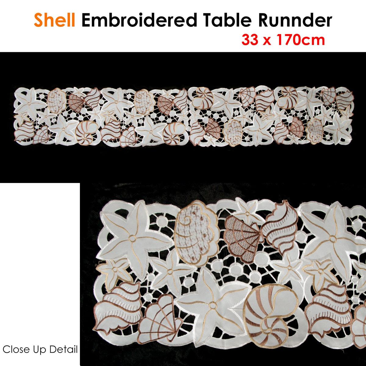 Shell Embroidered Table Runner, 33 x 170 cm