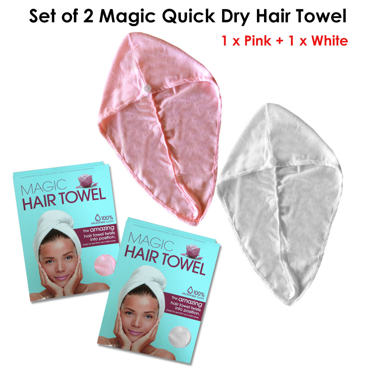 Set of 2 Magic Quick Dry Microfibre Hair Dryer Towels Pink +
