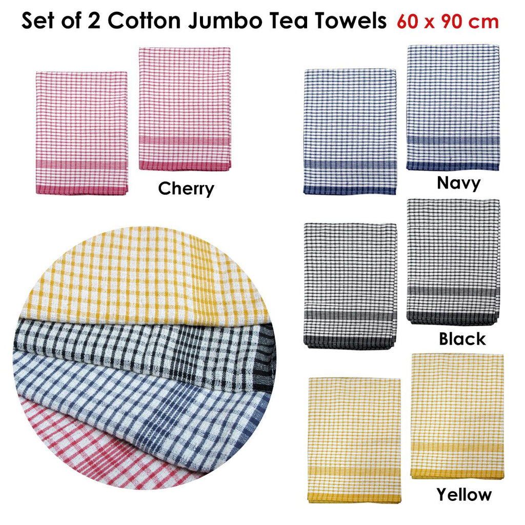Hotel Living Set of 2 Jumbo Cotton Check Tea Towels 60x90cm