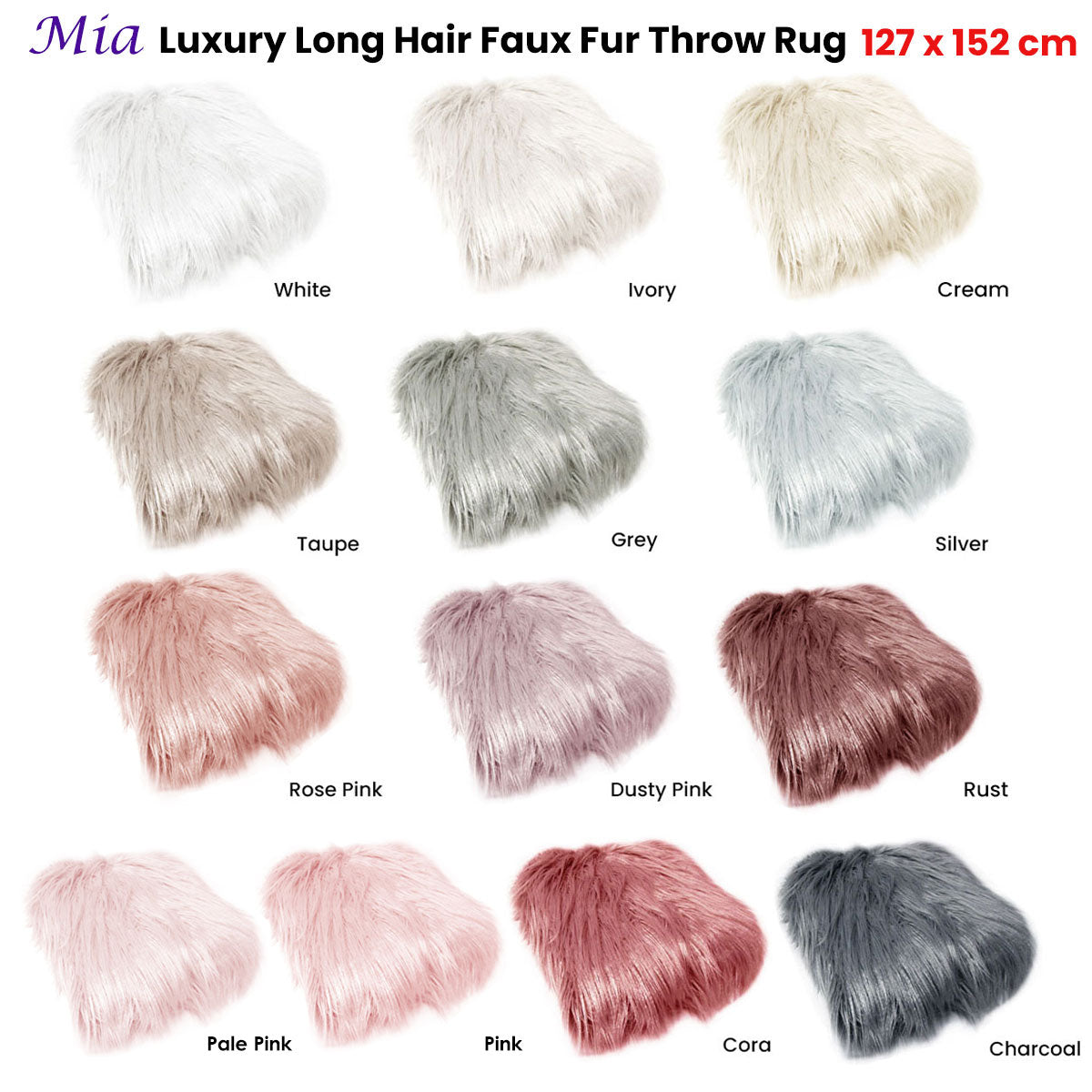 Mia Long Hair Faux Fur Throw Rug, 127 x 152 cm