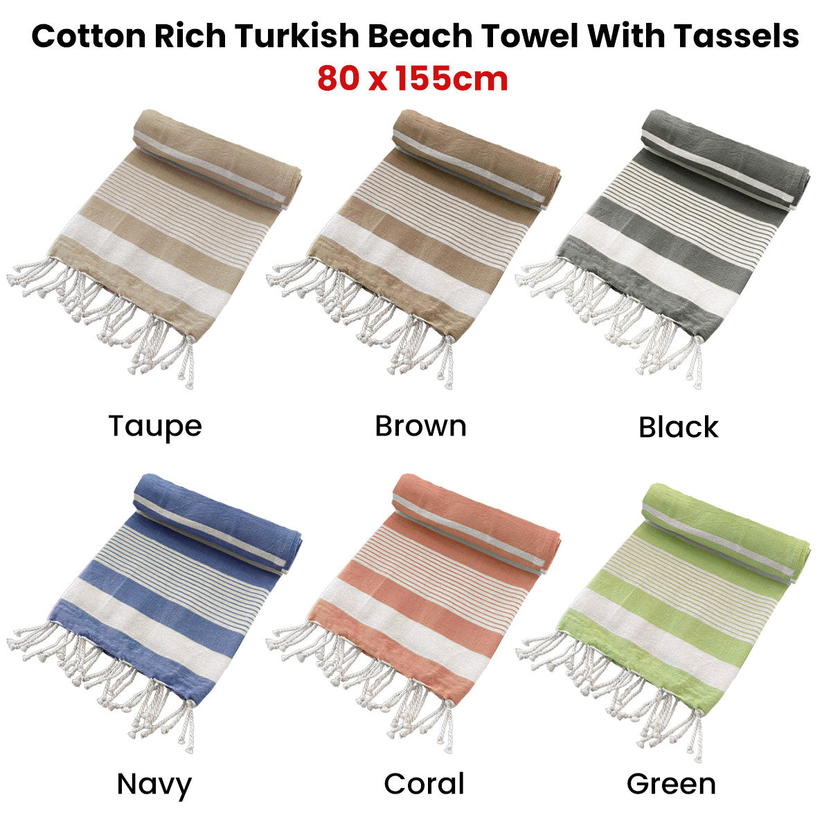Cotton Rich Large Turkish Beach Towel with Tassels 80cm x 155cm