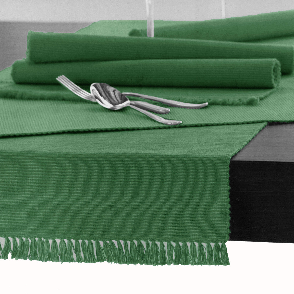 Hoydu Ribbed Cotton Table Runner, Hedge Green, 45 x 200 cm