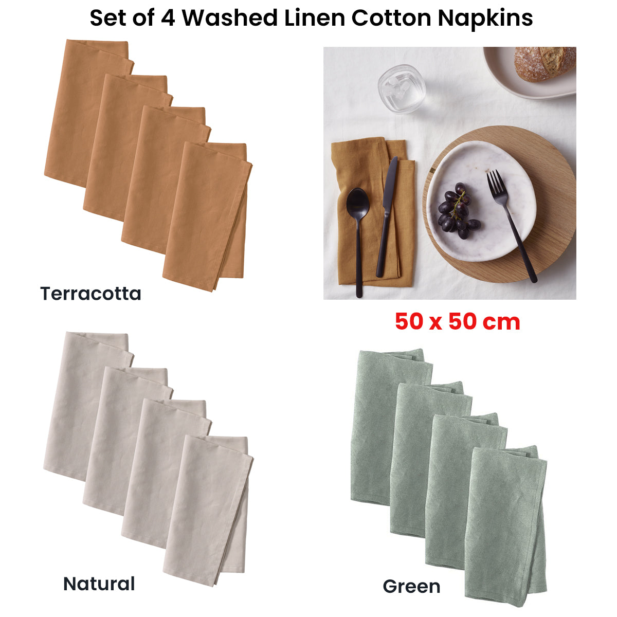 Vintage Design Homewares Set of 4 Washed Linen Cotton Square Napkins