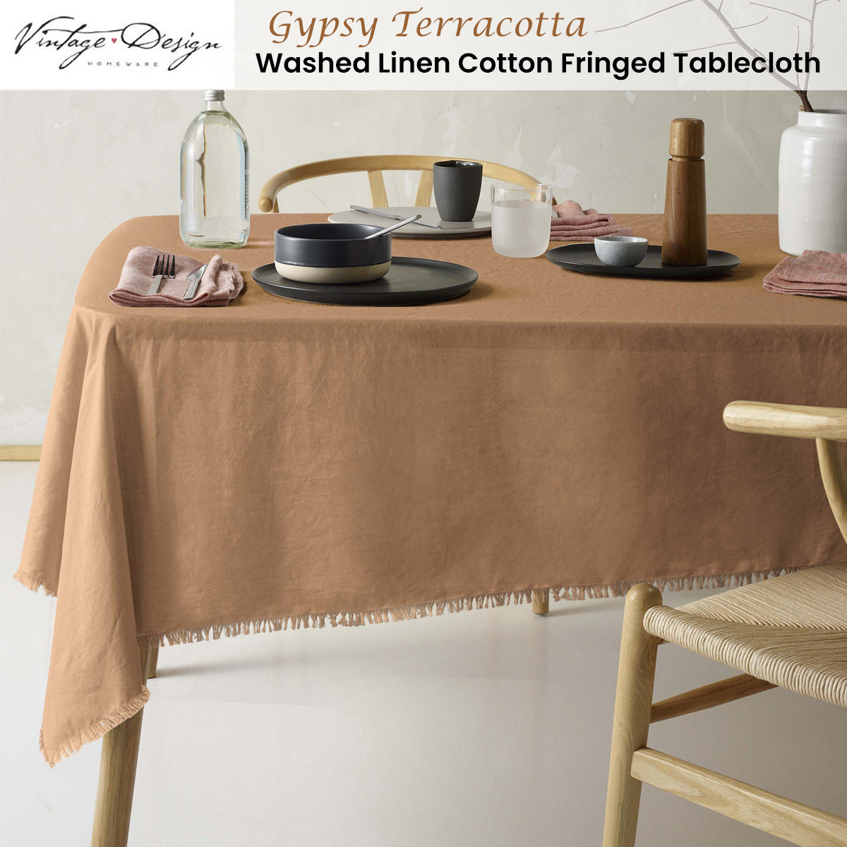 Vintage Design Homewares Gypsy Terracotta Linen Cotton Tablecloth