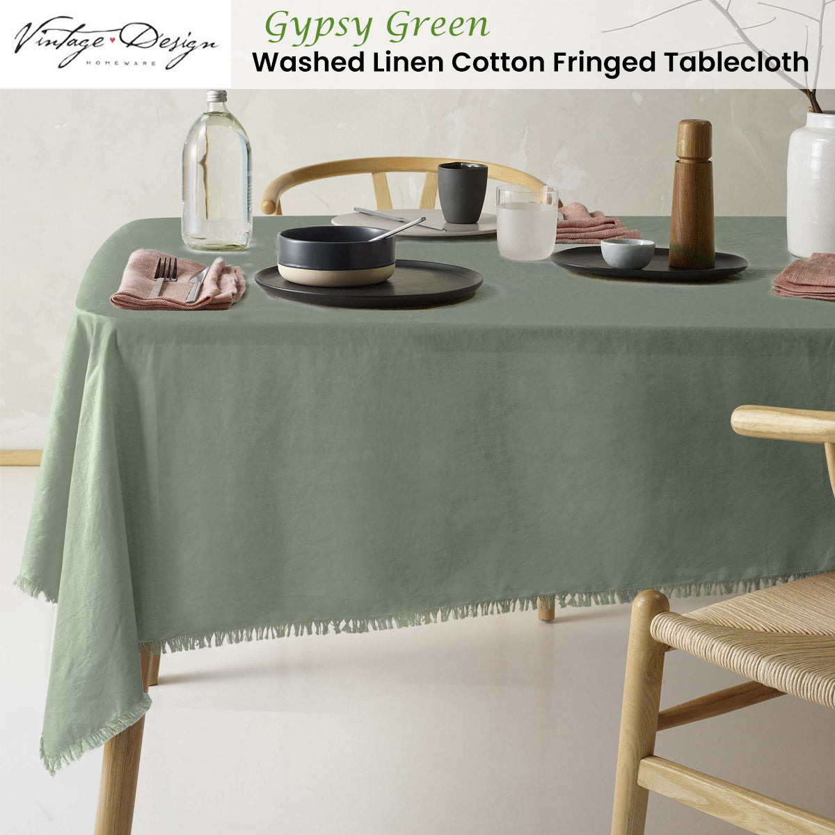 Vintage Design Homewares Gypsy Green Fringed Washed Linen Cotton Tablecloth