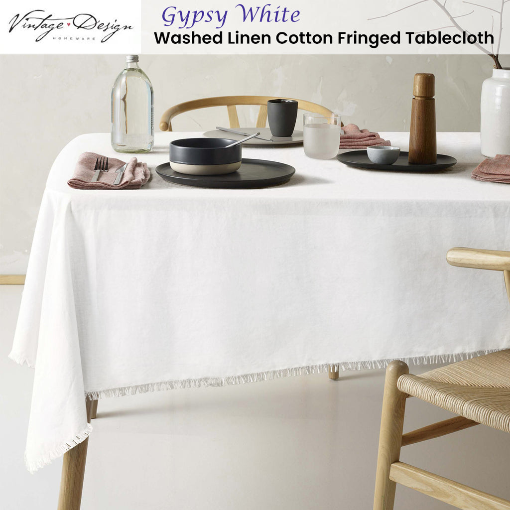 Vintage Design Homewares Gypsy White Fringed Washed Linen Cotton Tablecloth