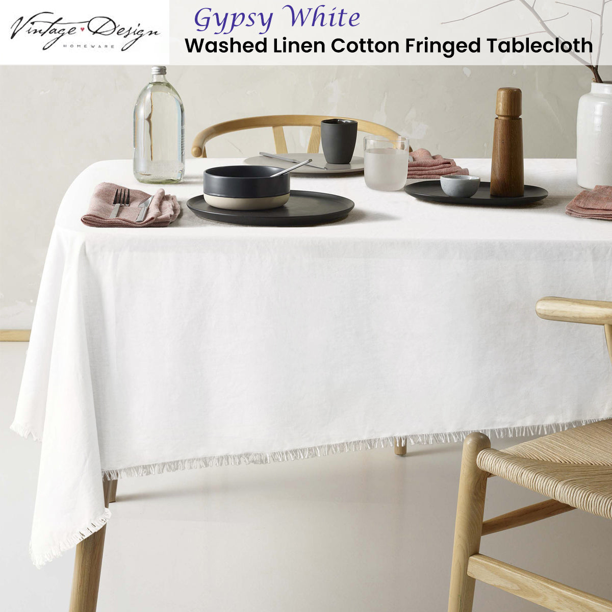 Vintage Design Homewares Gypsy White Fringed Washed Linen Cotton Tablecloth