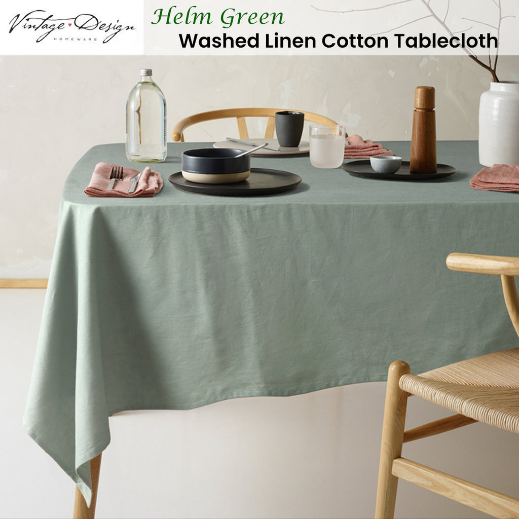 Vintage Design Homewares Helm Green Washed Linen Cotton Tablecloth