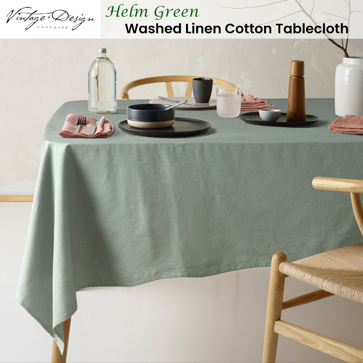 Vintage Design Homewares Helm Green Washed Linen Cotton Tablecloth