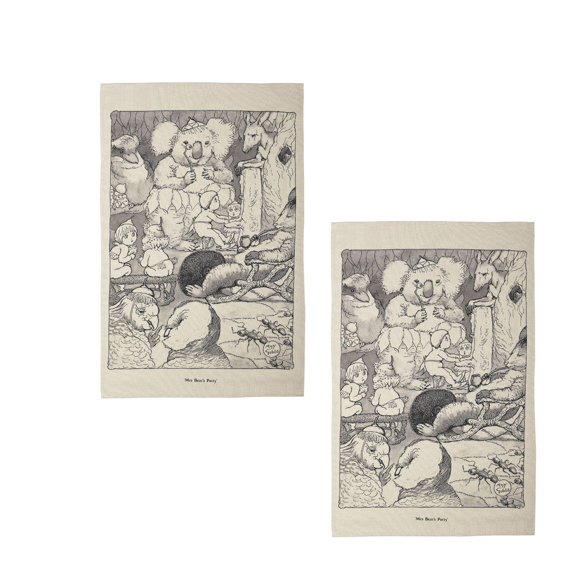 Set of 2 May Gibbs Mrs Bear's Party Cotton Heritage Tea Towels 50 x
