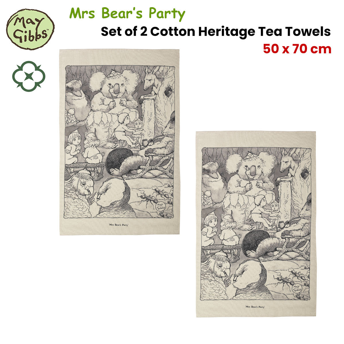 Set of 2 May Gibbs Mrs Bear's Party Cotton Heritage Tea Towels 50 x
