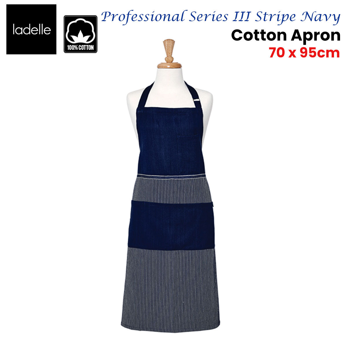 Ladelle Professional Series Navy Stripe Cotton Apron, 70 x 95 cm