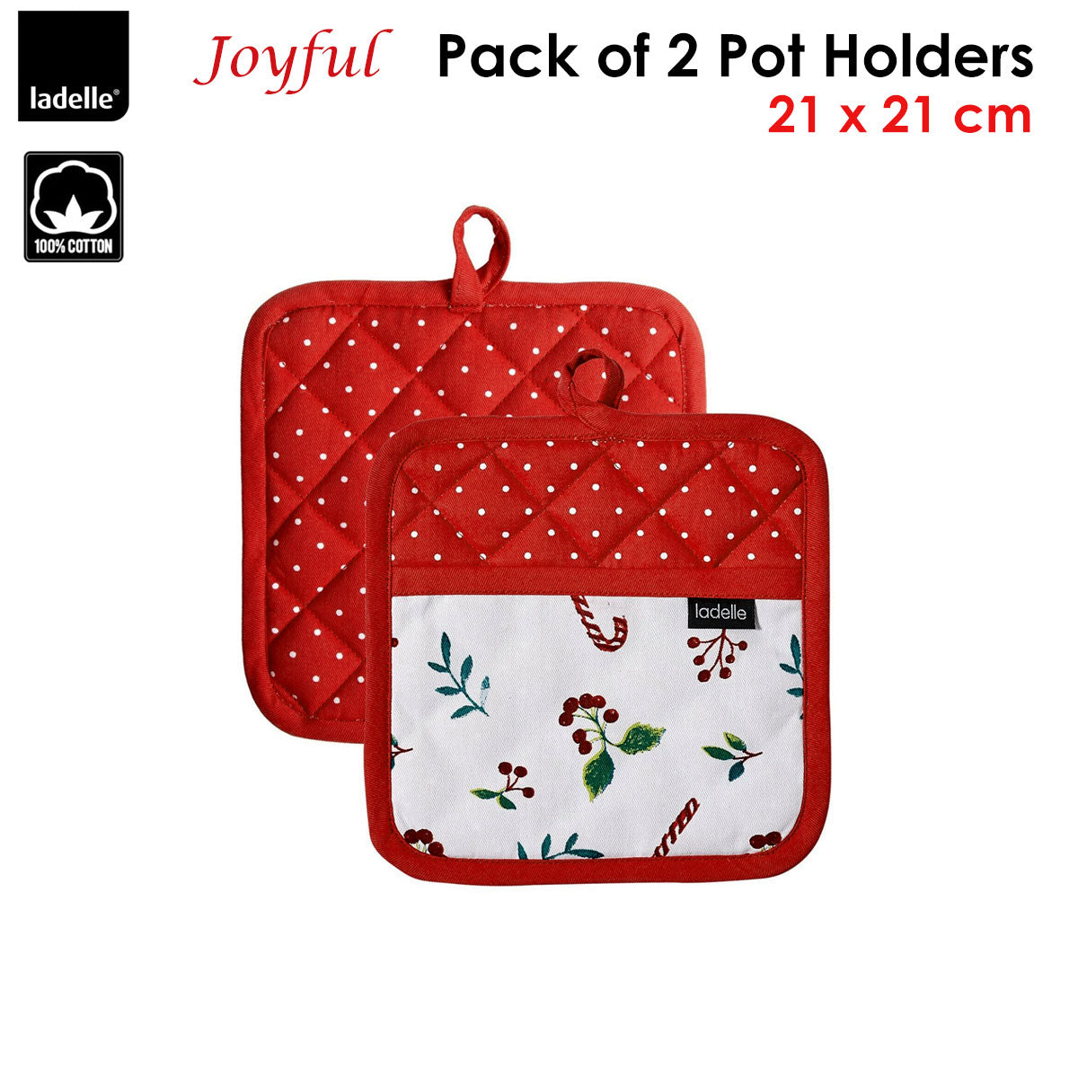 Ladelle Joyful Red Quilted Pot Holders, Set of 2, 21 x 21 cm