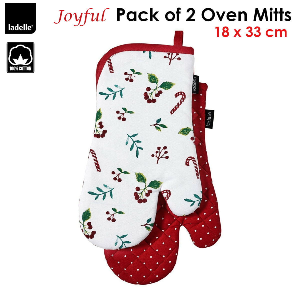 Ladelle Joyful Red Quilted Oven Mitts, Set of 2, 18 x 33 cm