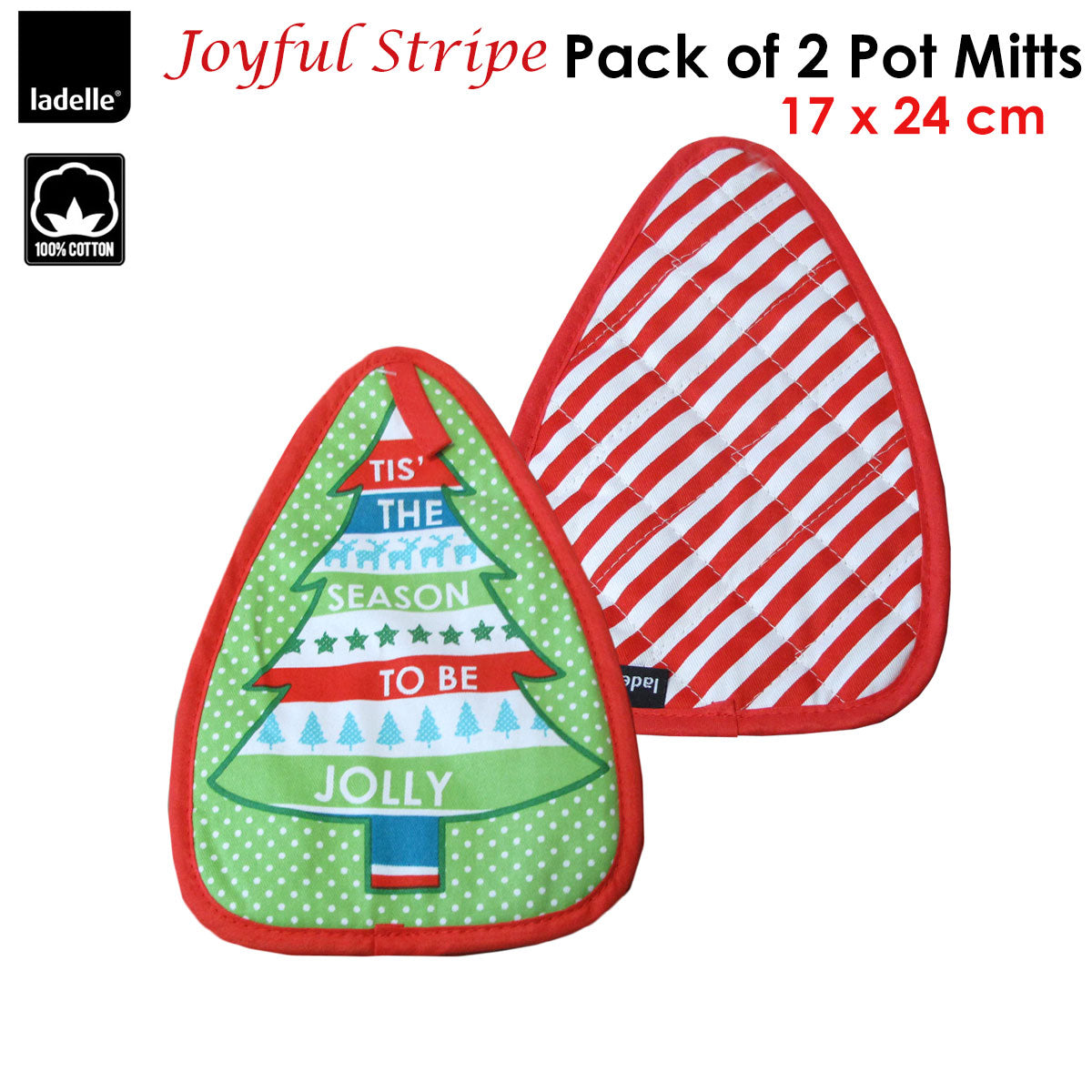 Ladelle Joyful Stripe Red Quilted Pot Mitts, Set of 2, 17 x 24 cm