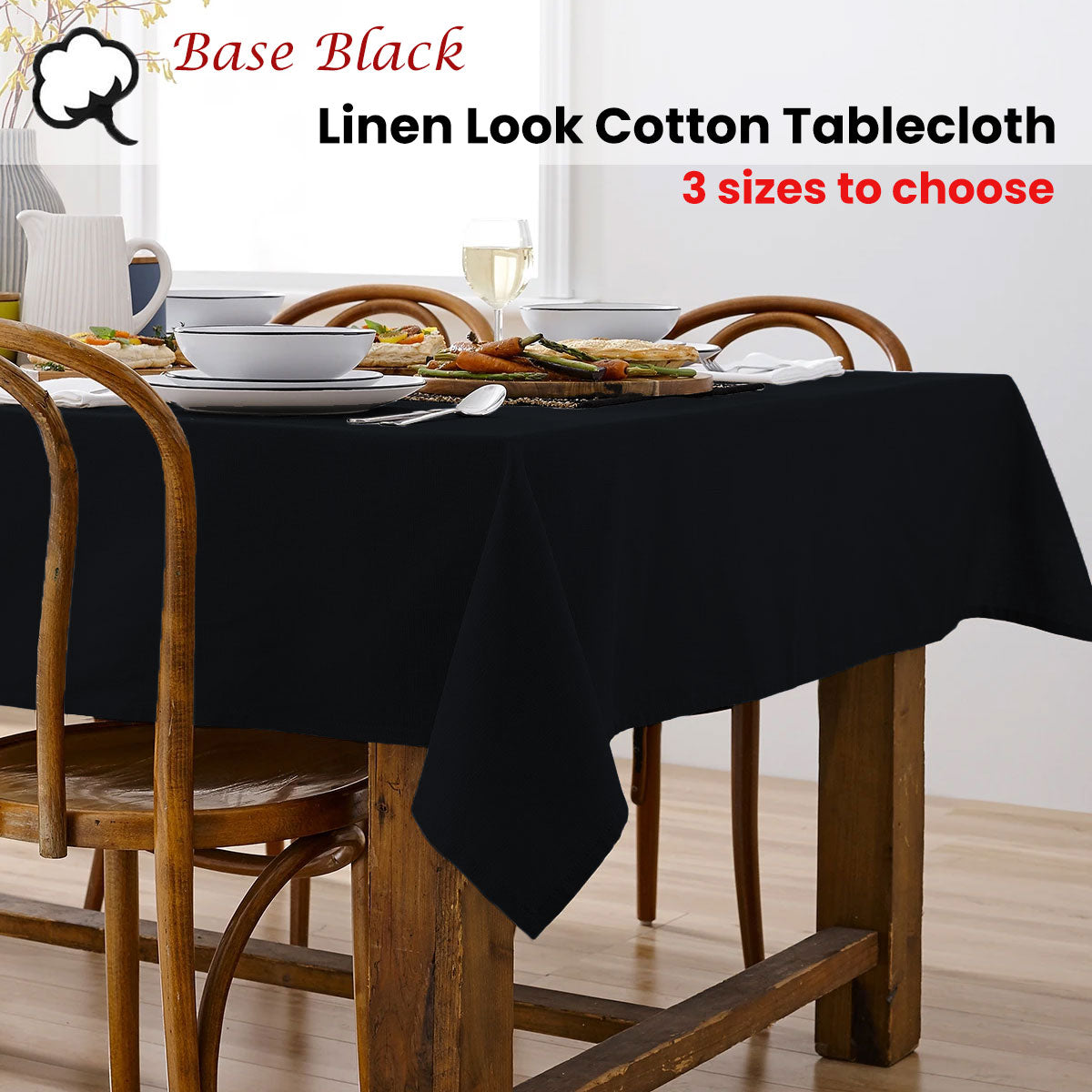 Ladelle Base Black Linen Look 100% Cotton Tablecloth cm