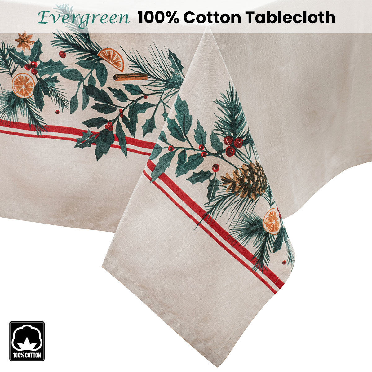 Ladelle Evergreen Christmas Cotton Tablecloth, 150 x 230 cm
