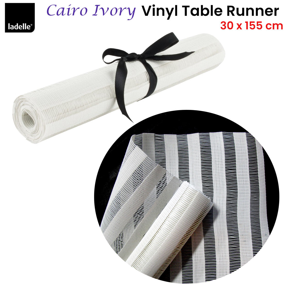Ladelle Cairo Ivory Vinyl Table Runner, 30 x 155 cm