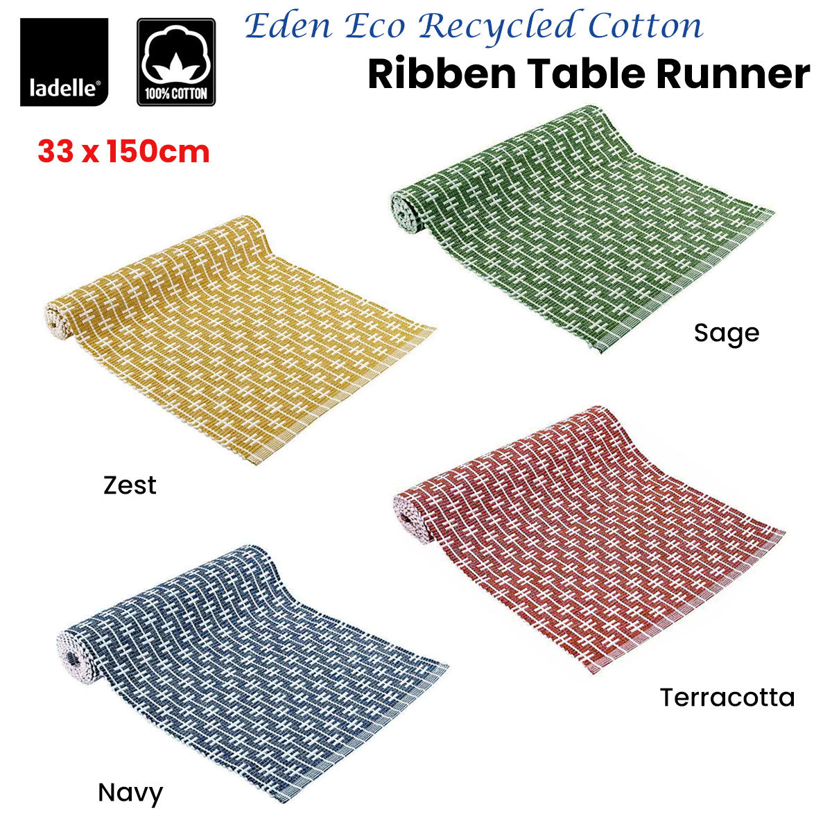 Ladelle Eden Ribbed Eco Recycled Cotton Table Runner 33 x 150 cm