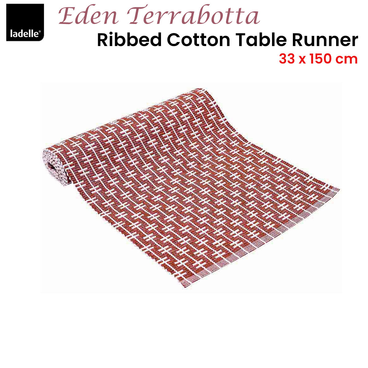 Ladelle Eden Terracotta Ribbed Cotton Table Runner, 33 x 150 cm