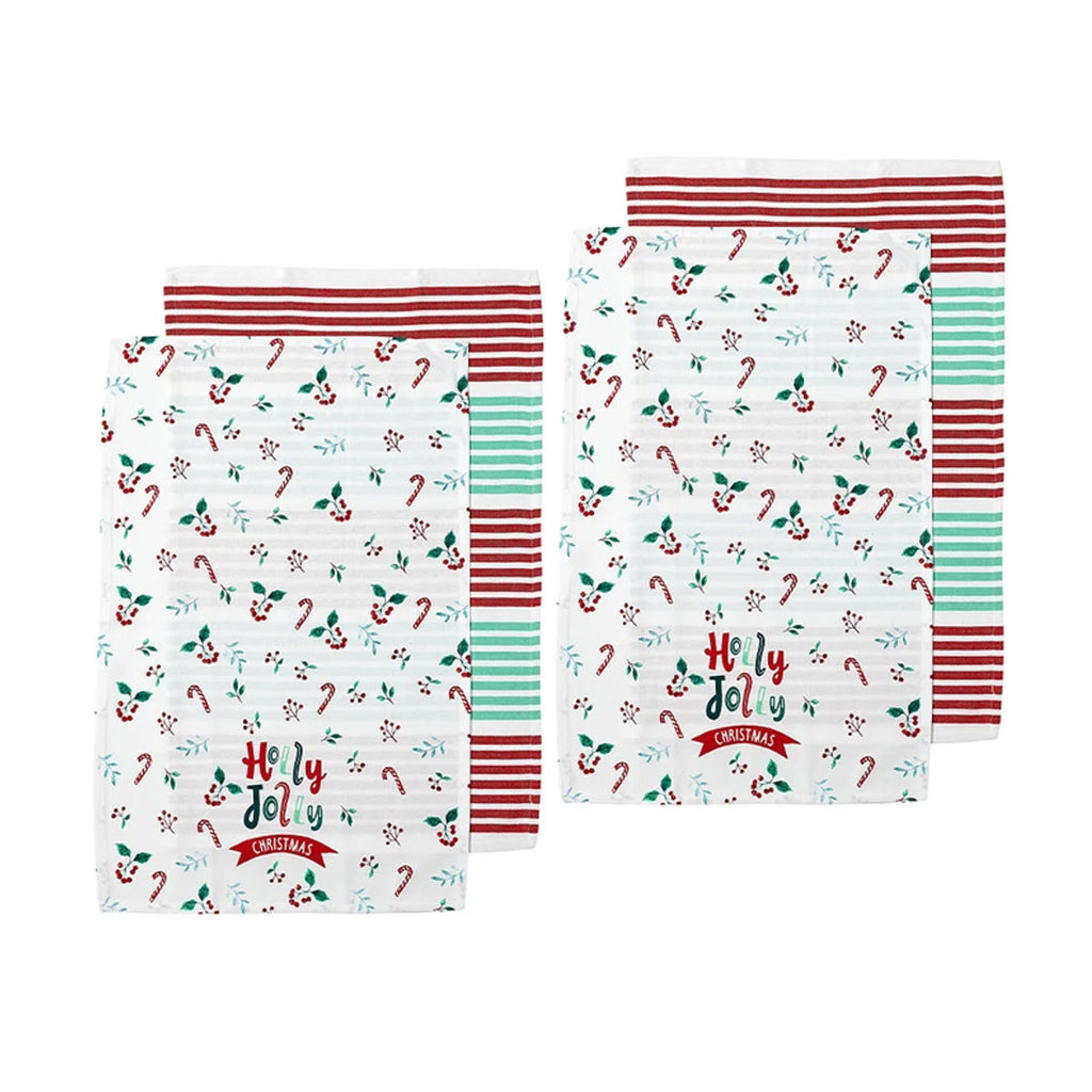 Ladelle Joyful Holly Jolly Christmas Set of 4 Cotton Kitchen Towels
