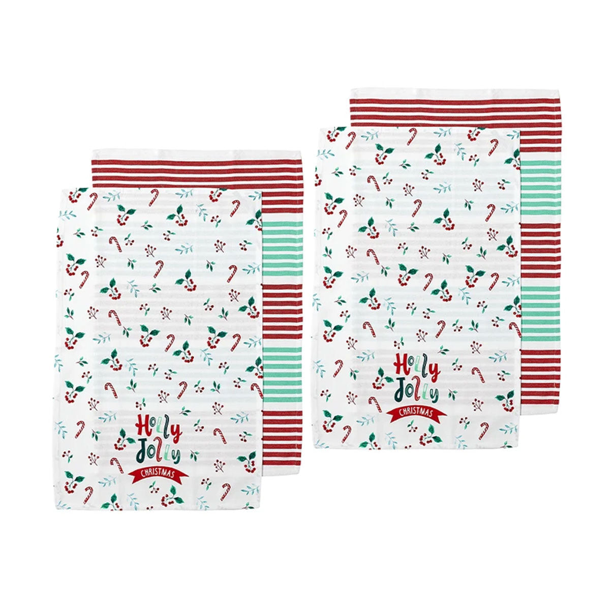Ladelle Joyful Holly Jolly Christmas Set of 4 Cotton Kitchen Towels