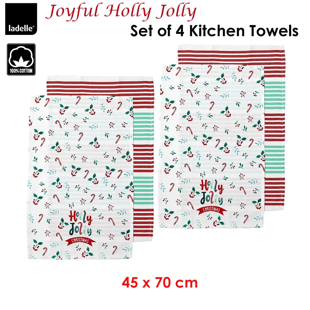 Ladelle Joyful Holly Jolly Christmas Set of 4 Cotton Kitchen Towels