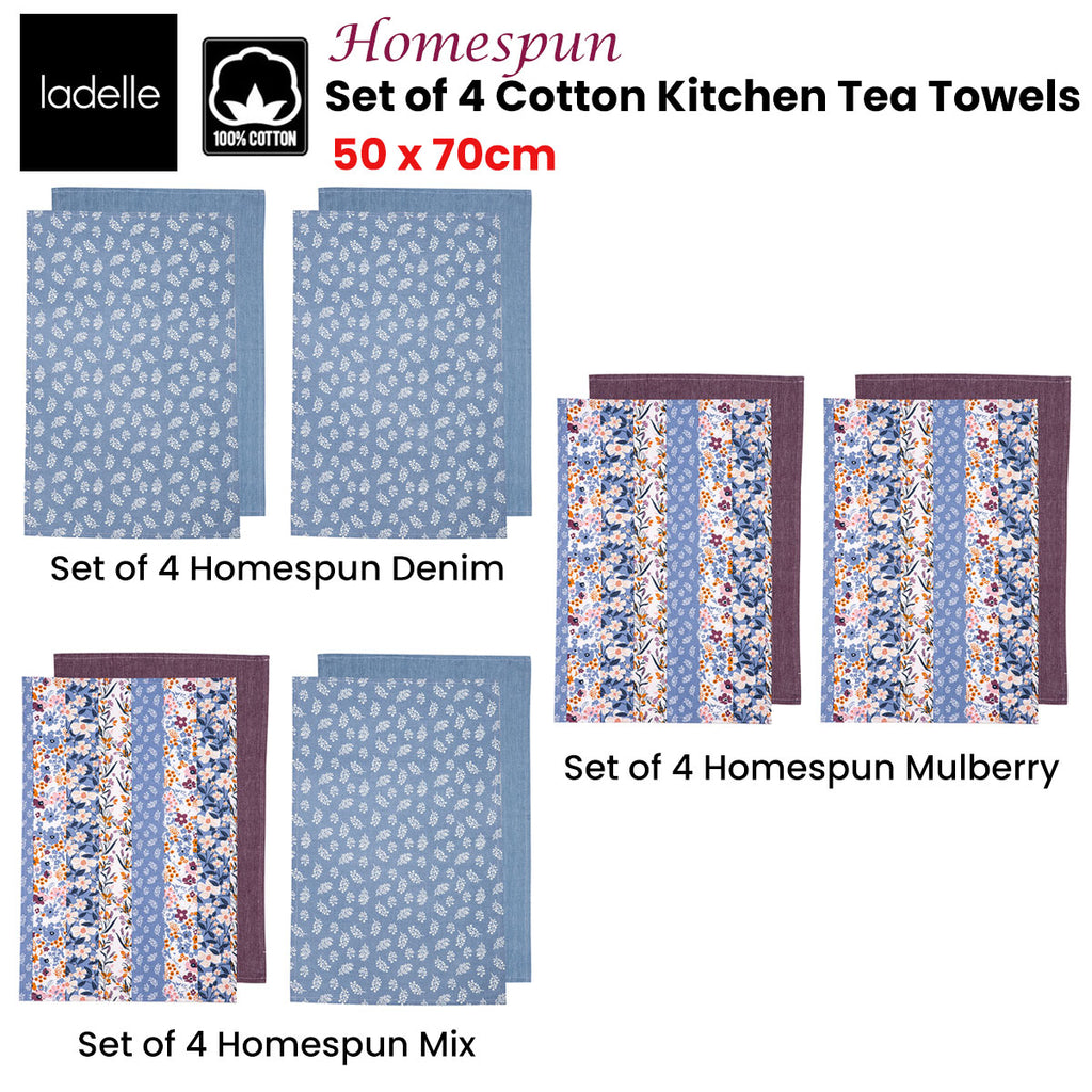 Ladelle Set of 4 Homespun Cotton Kitchen Tea Towels 50 x 70 cm