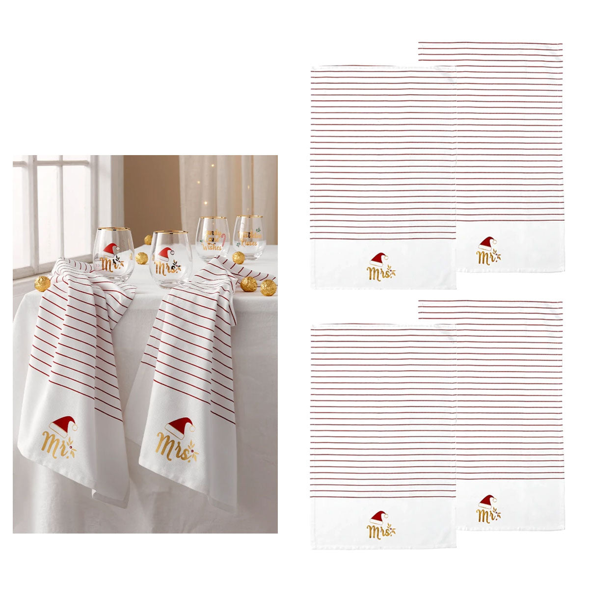 Ladelle Mr & Mrs Christmas Hat Set of 4 Cotton Kitchen Towels 45 x 70