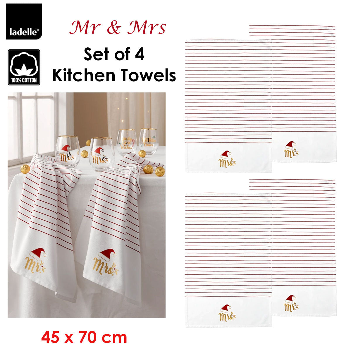 Ladelle Mr & Mrs Christmas Hat Set of 4 Cotton Kitchen Towels 45 x 70