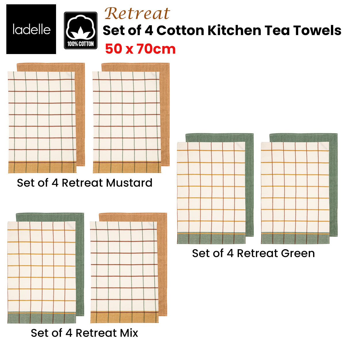 Ladelle Set of 4 Retreat Cotton Kitchen Tea Towels 50 x 70 cm