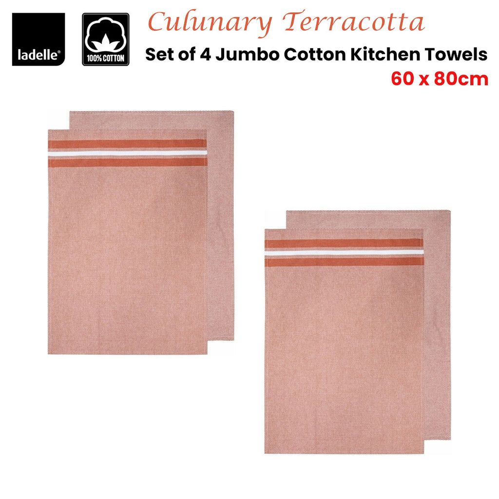 Ladelle Culinary Terracotta Cotton Set of 4 Jumbo Kitchen Towels 60 x
