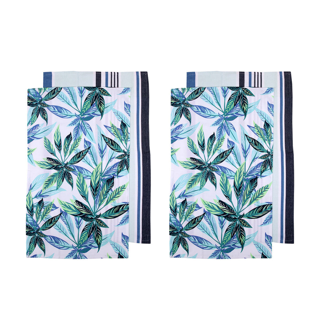 Ladelle Set of 4 Zest Leaves Green Cotton Kitchen Tea Towels 50 x 70